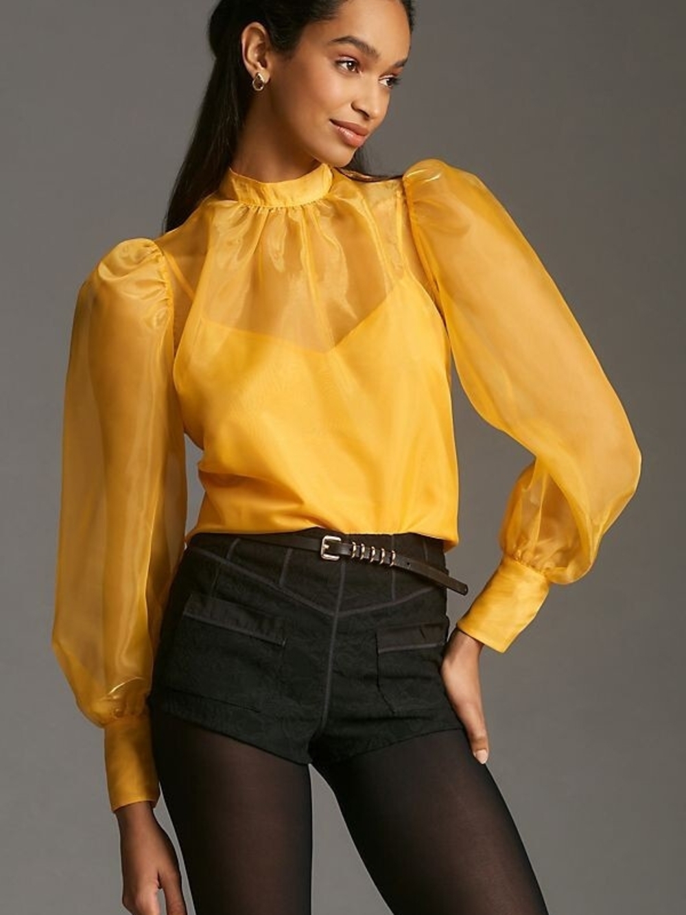 Anthropologie Organza Golden Yellow Sheer Puff-Sleeve Blouse Sz XL